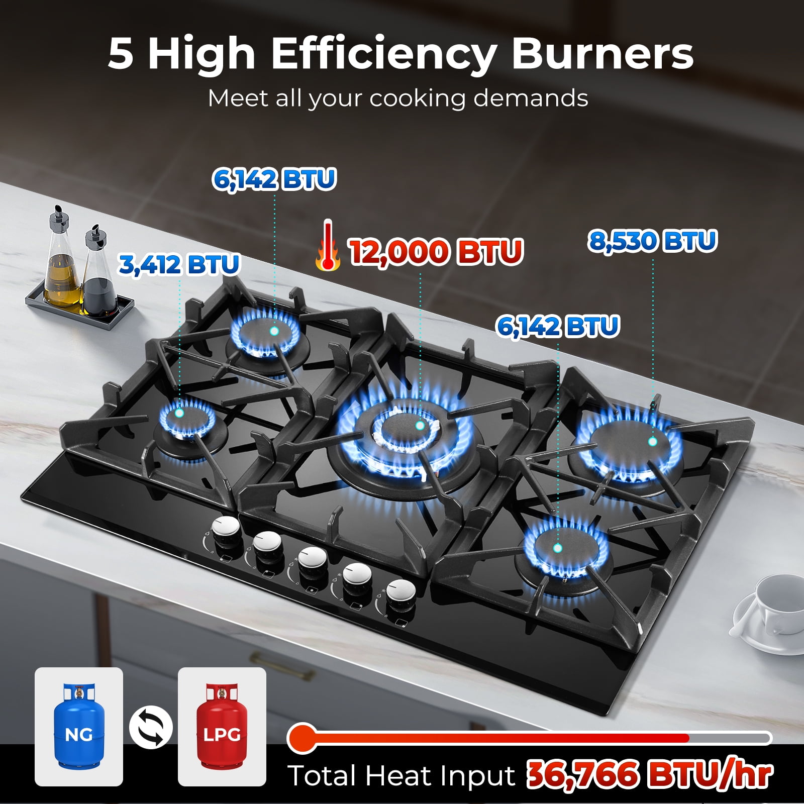 AMZGACHFKTCH 30-Inch 5-Burner Gas Stove, Built-in NG/LPG Convertible
