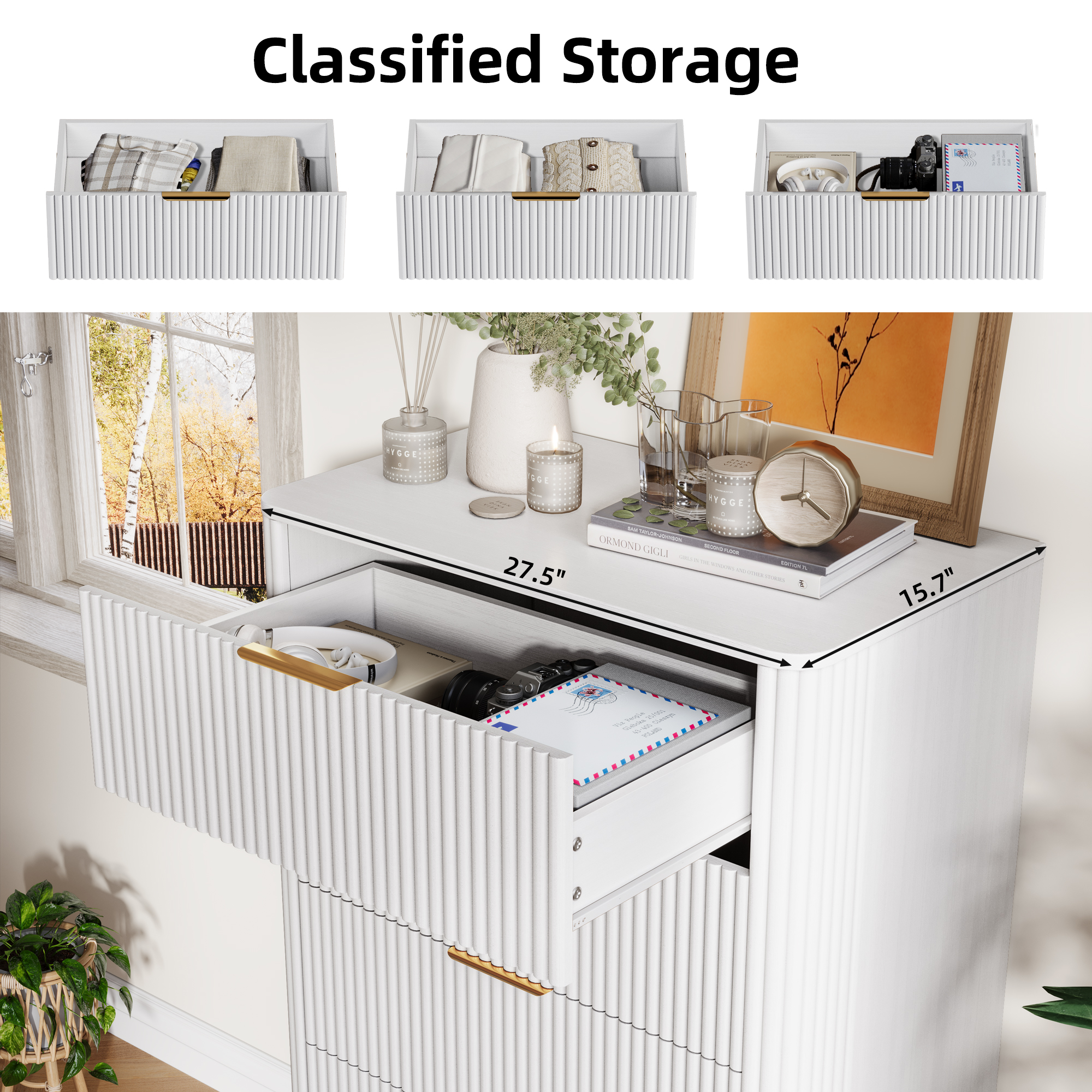 TOKSOM 5 Drawer Dresser, Modern Minimalist Tall Chest of Drawers, White Wood Clothing Organizer with Fluted Design & Gold Handles for Bedroom