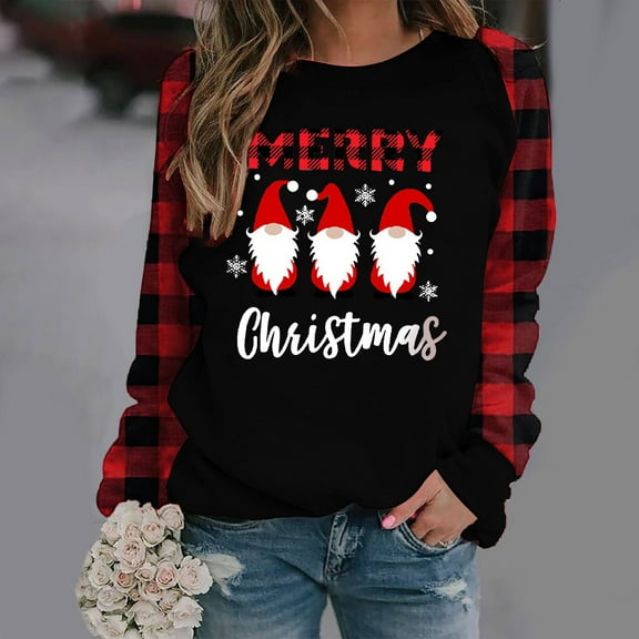 2025 Clearance! Clearance under $5 asdoklhq Womens Plus Size Tops Clearance,Christmas Women's Casual Long Sleeve Printed Ladies Sweatshirts Tops