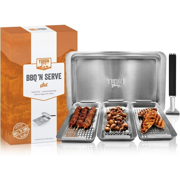 Yukon Glory BBQ ‘N SERVE 5-Pc Grilling Basket Set with Serving Tray Grill Accessories