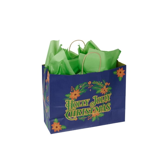 SSWBasics Large Holly Jolly Christmas Paper Shopping Bags - Case of 100- Christmas Bags