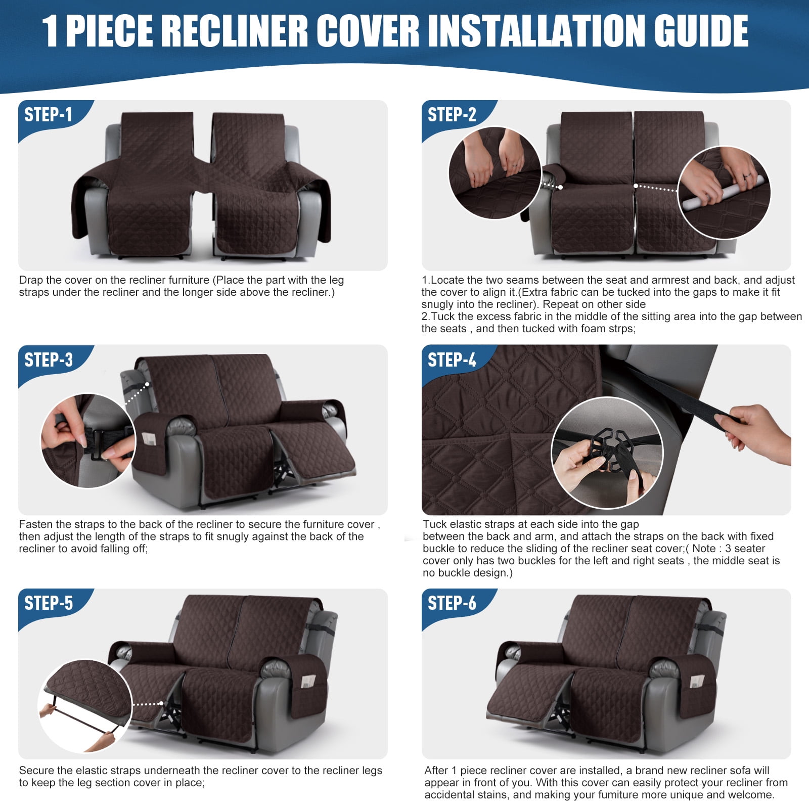 Timeles Waterproof Recliner Covers Loveseat Recliner Sofa Covers with Leg Straps Reversible Recliner Couch Cover for 2 Seat Reclining Chair Washable Couch Protector for Pets Kids (Chocolate)