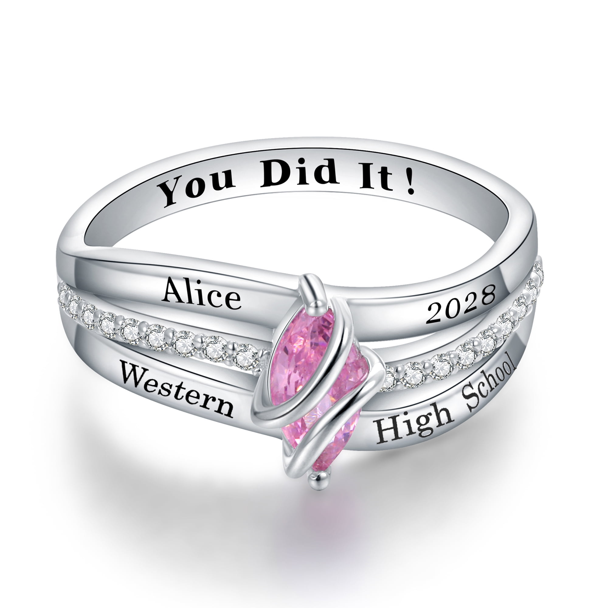 USA PJM Custom Women’s Class Ring Sterling Silver for High School & College Graduation-Rhodium