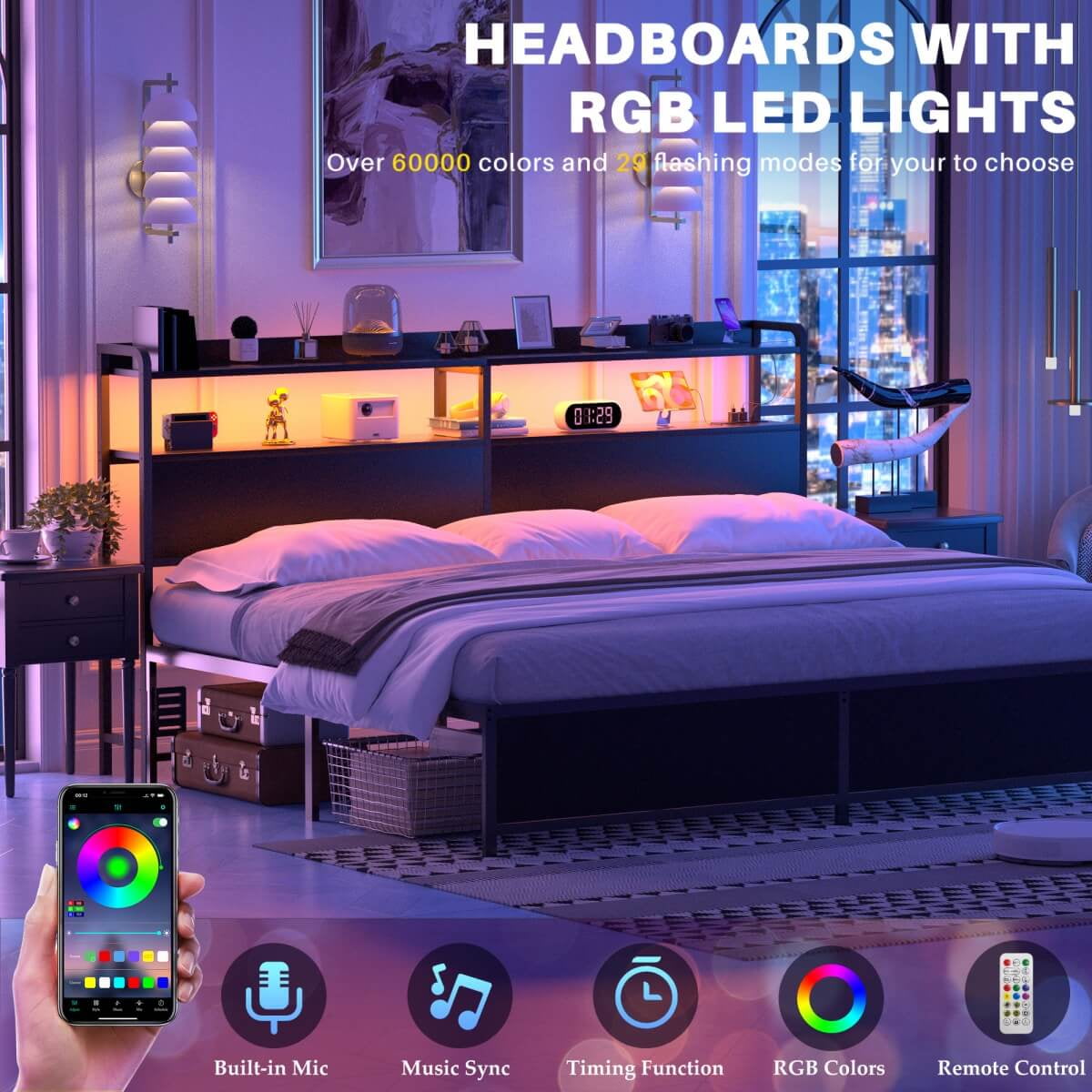 Homieasy Headboard for King Size Bed Frame, Headboards with Outlets, USB Ports and LED Light, Head Board with Storage, Height Adjustable, Sturdy and Stable Headboard, Black