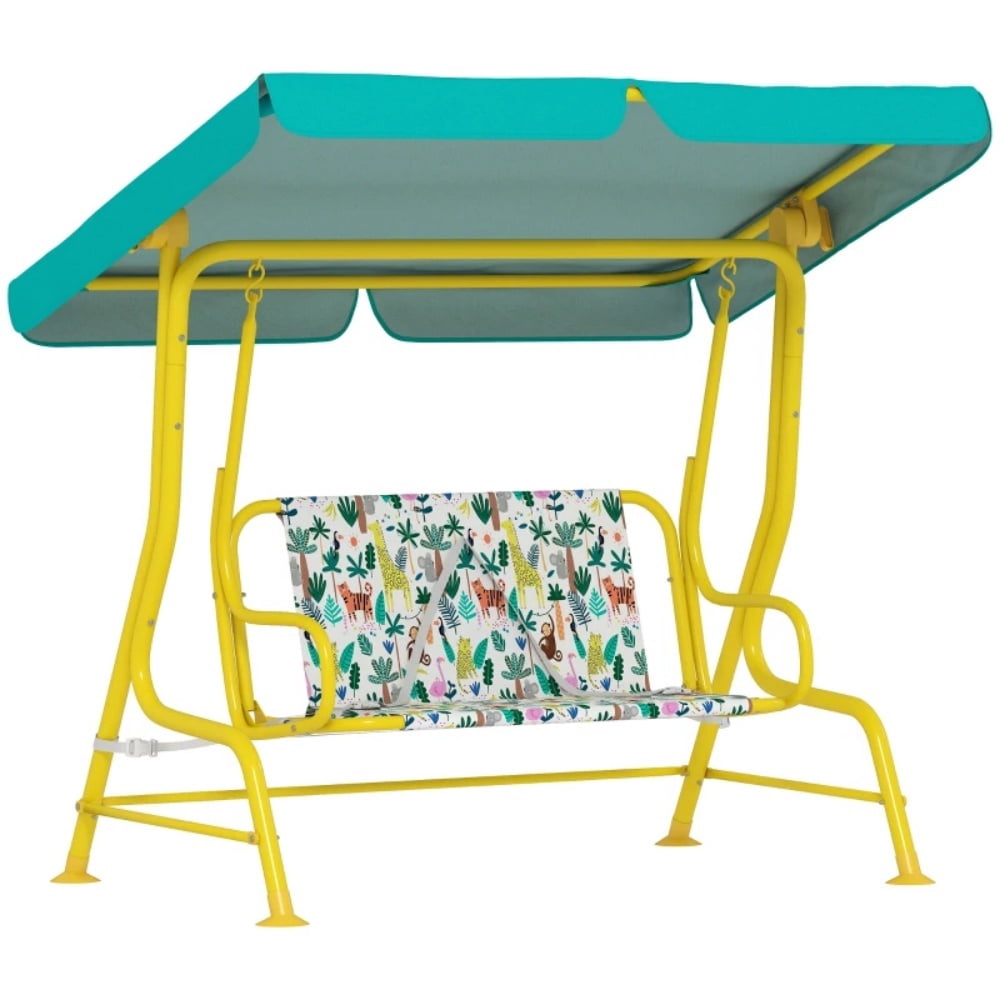 Green & White Kids Swing Chair with Jungle Animal Pattern, Heavy-Duty Steel Frame, 90° Adjustable Canopy, 132lbs Capacity for 3-6 Years Old (Outdoor/Indoor)