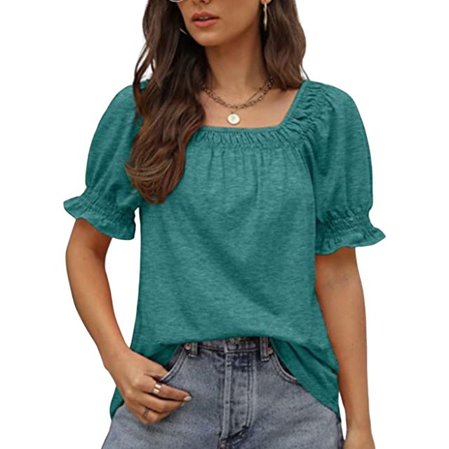 Camisetas De Mujer Camiseta de verano para mujer, camisetas casuales sueltas con cuello cuadrado para fiesta (verde retro M) Ygjytge para Mujer verde retro T L