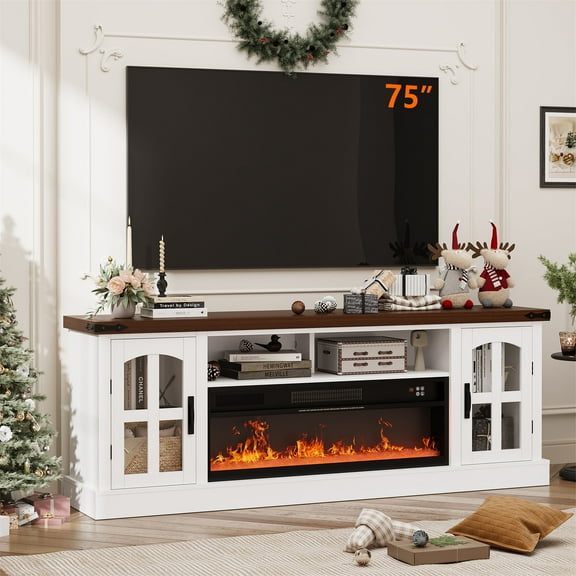 Yeahumalia Electric Fireplace TV Stand for 80'' TVs, 36'' Fireplace, Wooden Media Console, Living Room/Bedroom, White