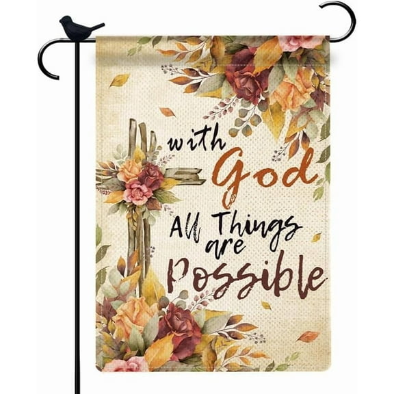 Religious Cross Garden Flag With God All Things Are Possible Garden Flag Inspirational Christian Yard Flag Fall Floral Summer Outdoor Faith Home Yard Decor Outside Flag 12.5x18