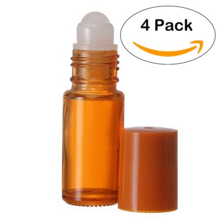 Roll On Bottle - 4 Pack - Empty Glass Bottles - Refillable Color Roll On for Fragrance Essential Oil - 30 ml 1 oz - Orange Color