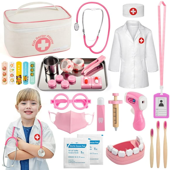 EFOSHM Doctor Kit for Kids, 32 Pieces Toy Medical Kit with Stethoscope, Coat, Doctor Pretend Play Toy Set with Medical Storage Bag for Girls Toddler Ages 3+