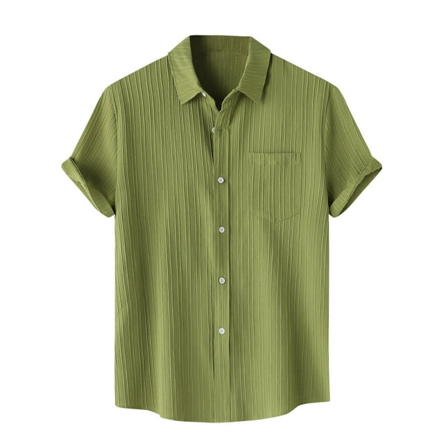Men Casual Solid Turndown Short Sleeve Button Closure Shirt Hawaii Blouse