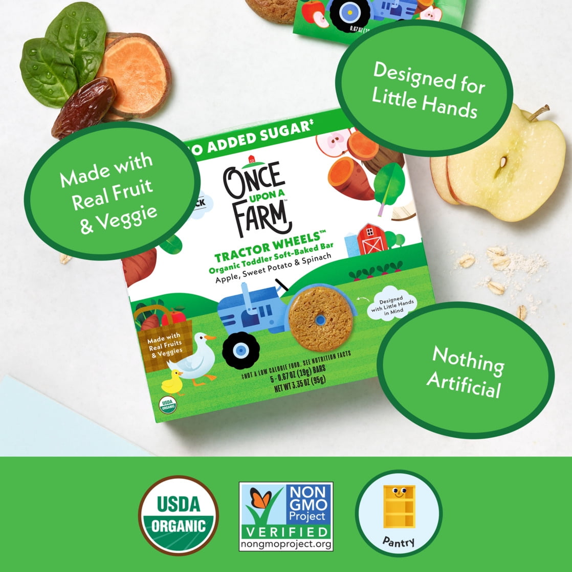 Once Upon a Farm Organic Tractor Wheels Toddler Bar, Apple, Sweet Potato & Spinach 5 Count