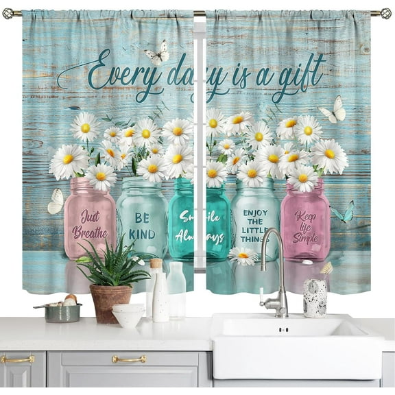 Rustic Floral Kitchen Curtains Flower Inspirational Small Short Cafe Window Curtains Daisy Farmhouse Vintage Wooden Country Quotes Tier Bathroom Window Treatment Drapes 28"x39"