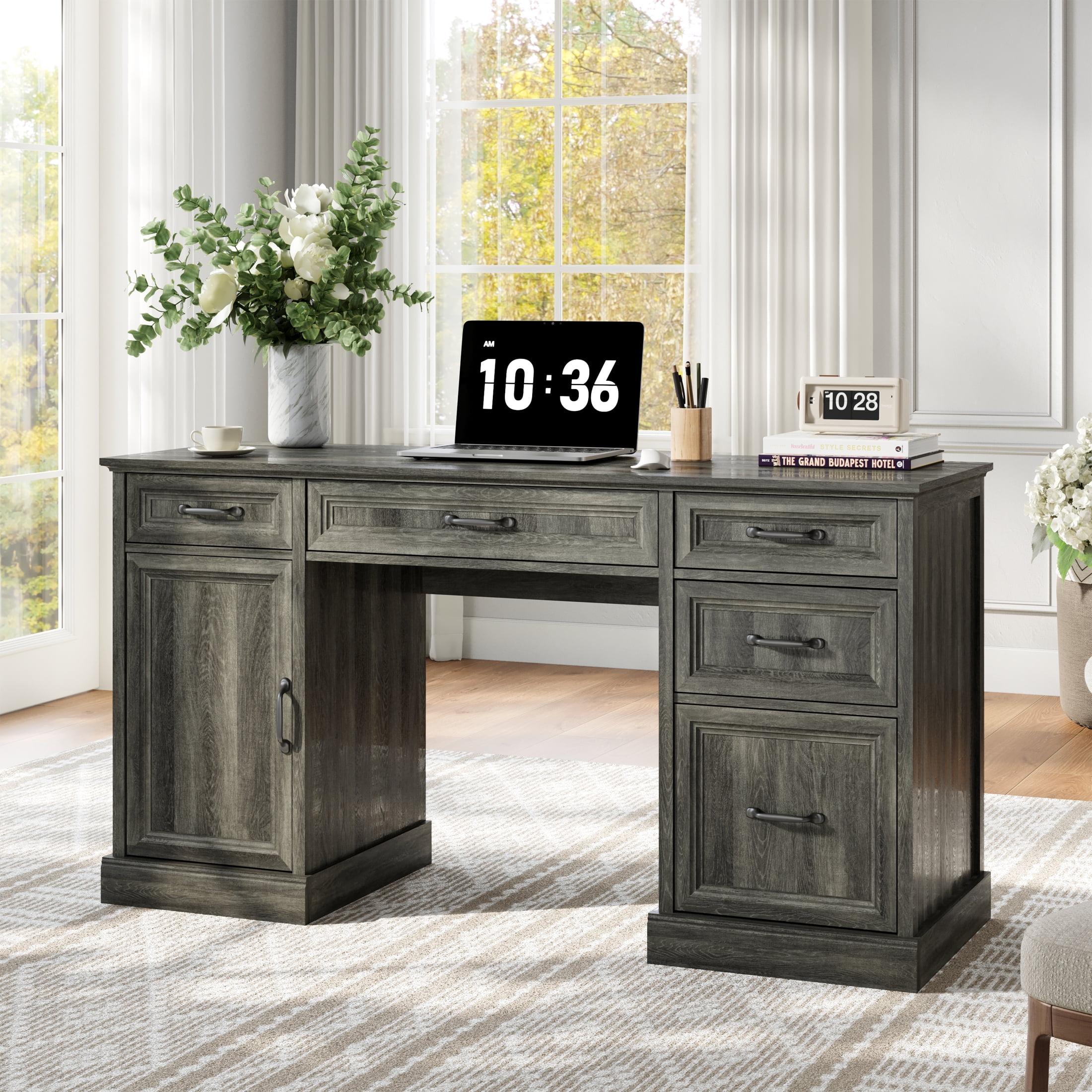 YouTrend 58'' Farmhouse Executive Desk,Wood Home Office Computer Desk with 5 Drawers and Storage Cabinet for Work Study Writing,Gray
