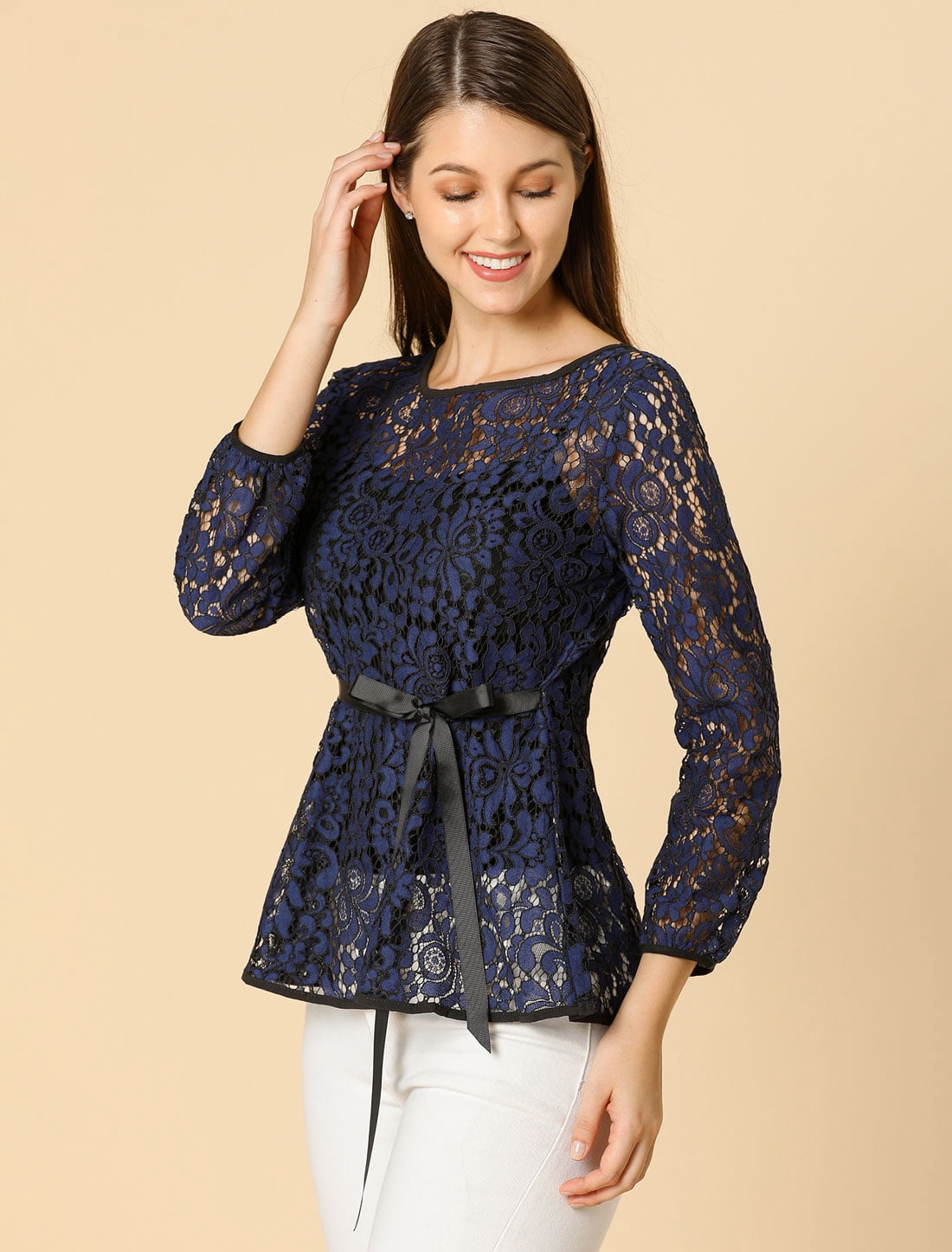 DARING DIVA Long Sleeve Semi Sheer Peplum Top 3XL Dark Blue