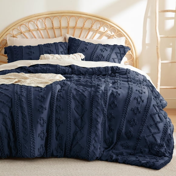 Juego de edredón Bedsure, estilo bohemio, tamaño queen, azul marino, 3 piezas