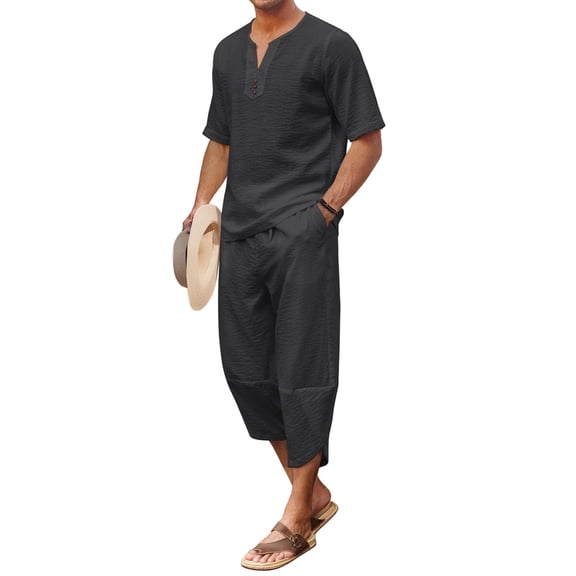 COOFANDY Men's 2 Pieces Linen Set Henley Shirt Short Sleeve and Harem Capri Pants Wide Leg Baggy Beach Yoga Trousers Outfits