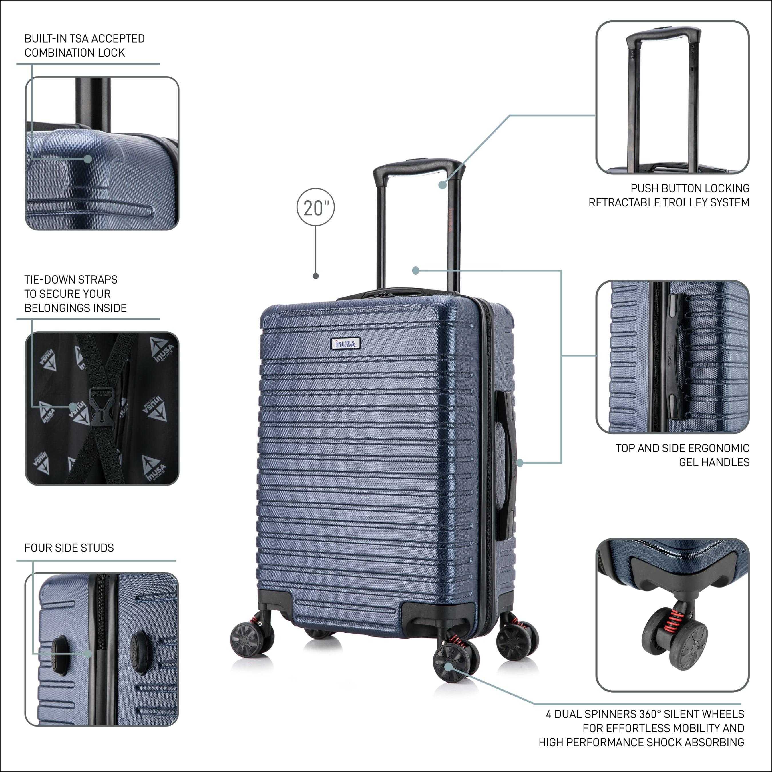 InUSA Deep 20" Hardside Lightweight Luggage with Spinner Wheels, Handle Studs, Trolley, Blue