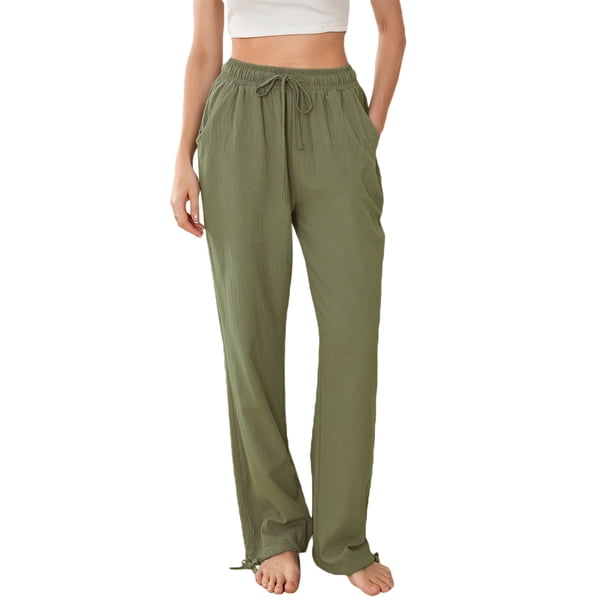Lucakuins Pantalones de pierna ancha para mujer, cintura elástica con cordón, pantalones largos sueltos sólidos, ropa de calle para uso diario informal Lucakuins moda