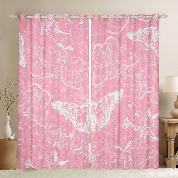 Castle Fairy Gothic Pink White Moth Black Out Curtains for Boys Girls,Botanical Tree Leaves Curtains Pack of 2 (42x63 Each),Bohemian Vintage Aesthetic Bedroom Curtains,Luxury Bedroom Decor