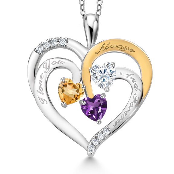 Gem Stone King Two Tone Yellow Citrine White Moissanite Purple Amethyst `I love you always and forever` Engraved Pendant Necklace for Women (1.30 cttw, Heart Shape 5MM, 18 inch Chain)