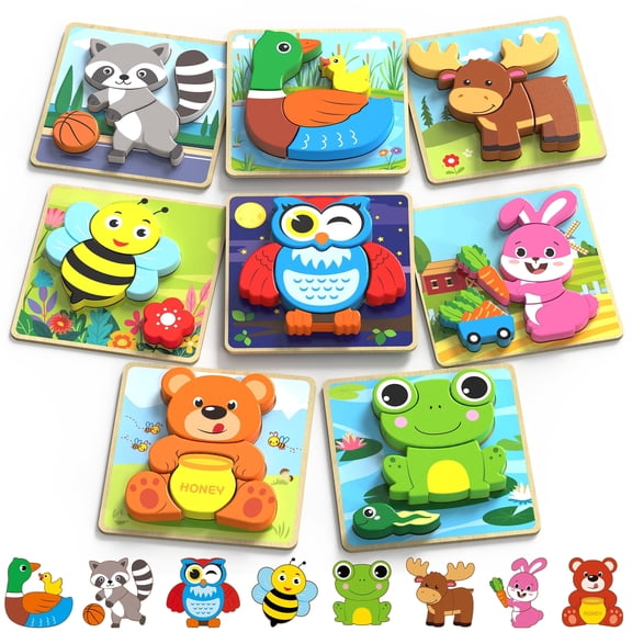 LotFancy Wooden Puzzles for Toddlers 1-3, 8 Pack Animal Toddler Puzzles, Montessori Toys