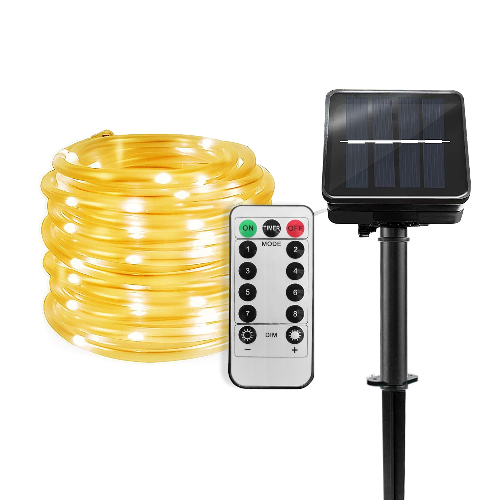 Solar LED Rope Lights Christmas Decorative Light 32.8ft 100 LEDs Remote Control 8 Light Modes