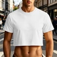 thumbnail image 2 of XIAONU Mens Solid Cropped Short Sleeve Tees Crew Neck Cropped Tops Slim Fit Street Tees, 2 of 4