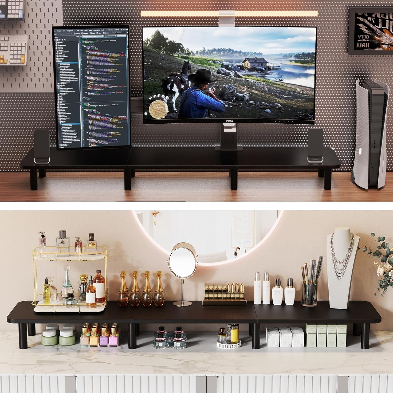 Extra Long Dual Monitor Stand - 43.7 Inch Wide Wood and Steel Desktop Riser for Home Office Desk Organization