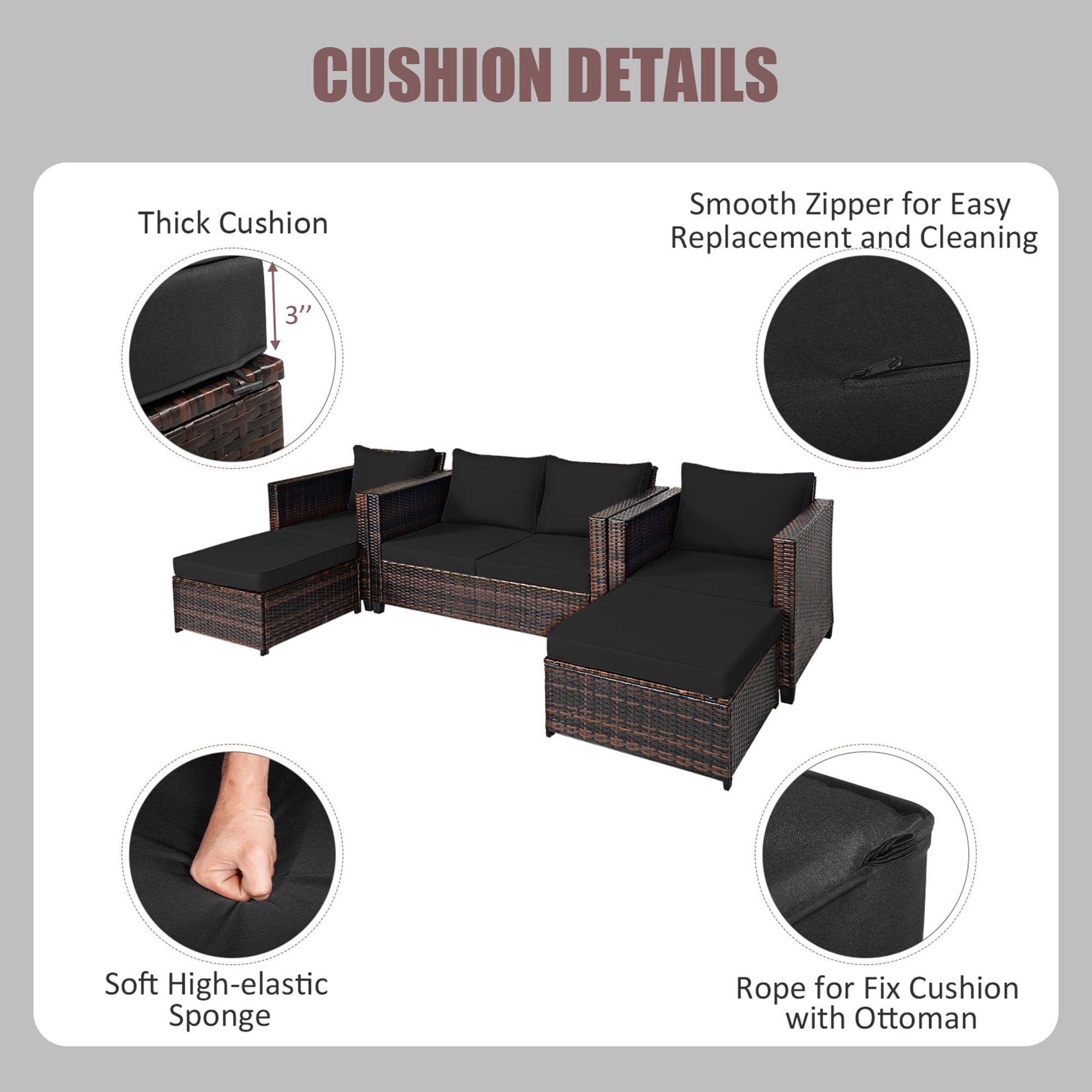 Gymax 5PCS Outdoor Patio Rattan Conversation Sofa Furniture Set w/ Black Cushions