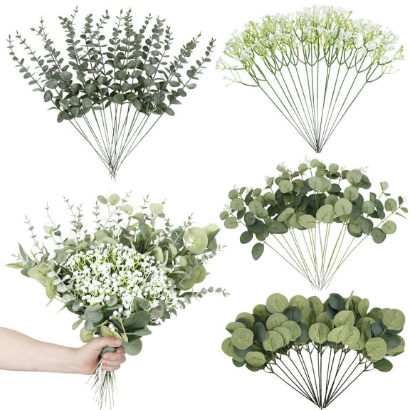 Armscye 75 Pcs Mixed Artificial Eucalyptus Stems, Faux Eucalyptus Leaves Greenery Stems Bulk with Gypsophila Artificial Flowers for Wedding DIY Bouquets Floral Arrangement Home Decor