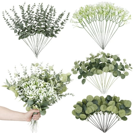 Armscye 75 Pcs Artificial Eucalyptus Stems Bulk, Artificial Baby Breath Flowers, 4 Kinds of Faux Greenery Eucalyptus Leaves Bulk for Vase Wedding DIY Bouquets Floral Arrangement Home Decor