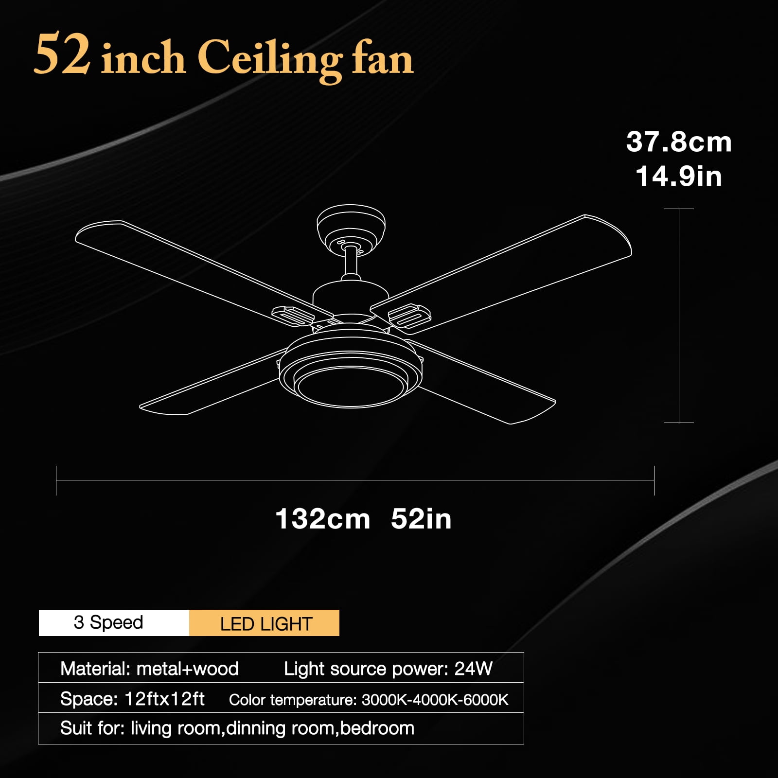 Warmiplanet 52" Modern Ceiling Fan with Light & Remote, Black, Dual-Color Blades , 3 Speeds, 3-Color Light, Reversible, Timer