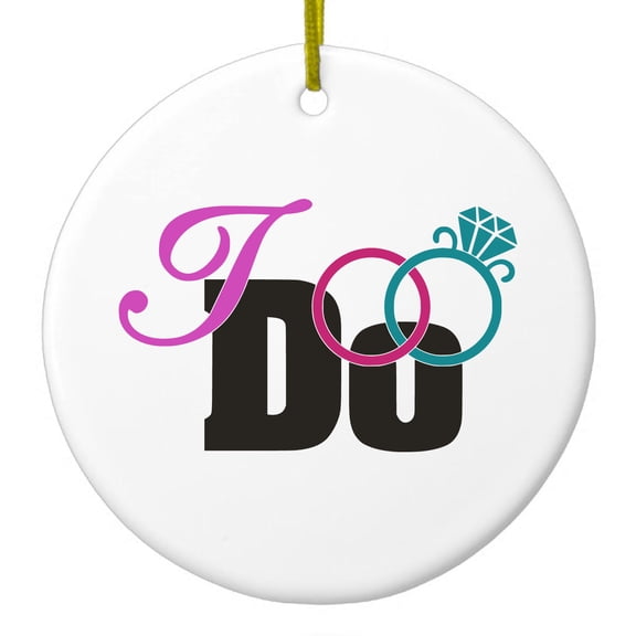 DistinctInk Hanging Ceramic Christmas Ornament - Wedding Rings - Gold String, 2-3/4 inch Diameter