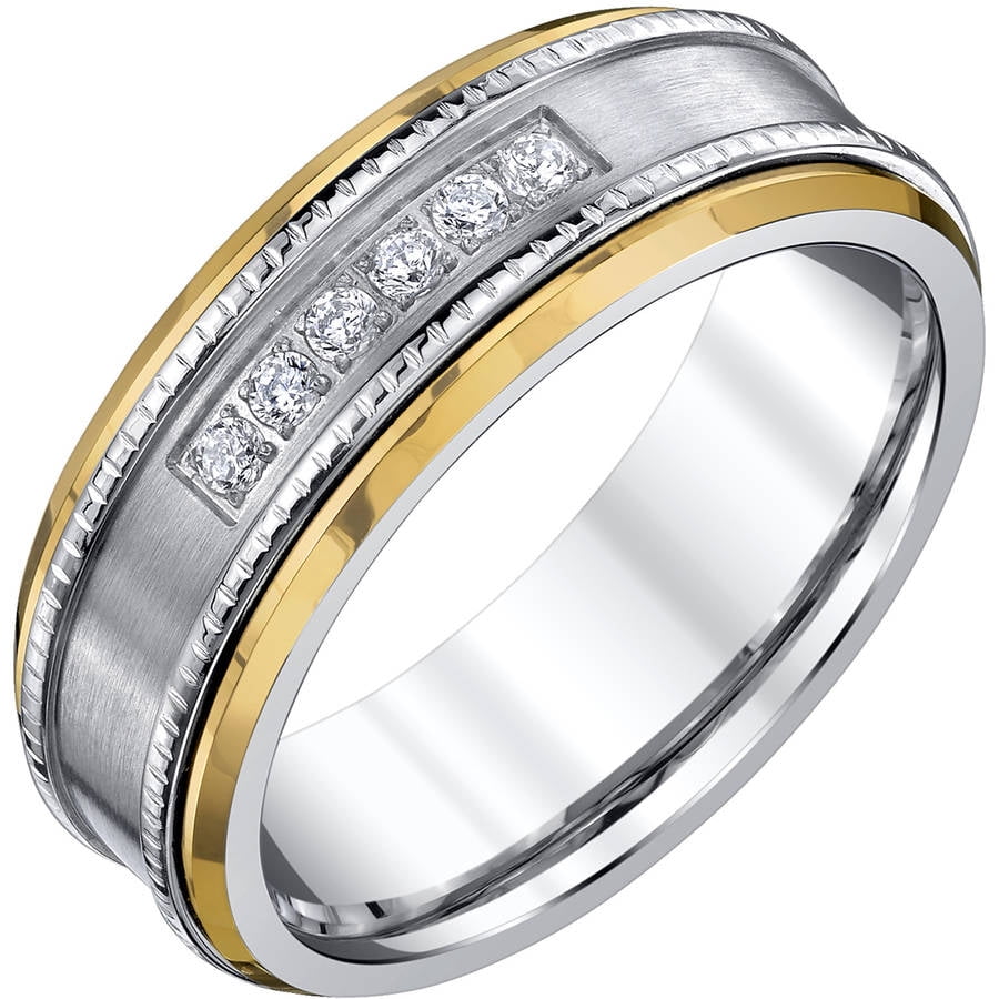 Ever One - Men's 0.12 Carat T.W. Diamond Tungsten Band with Yellow Edge ...
