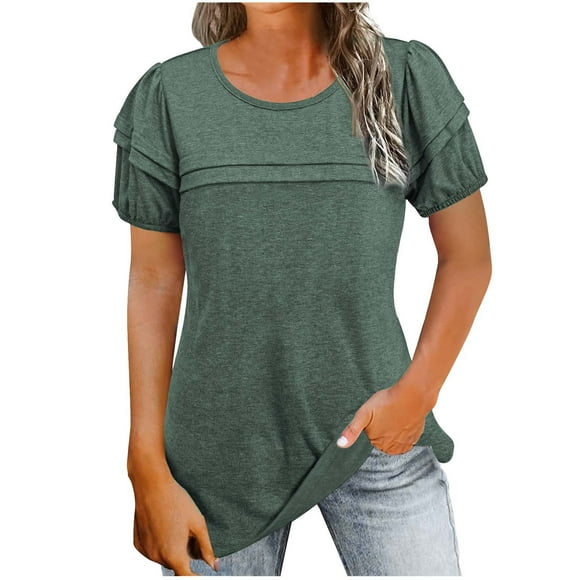 AherBiu Womens T Shirts Crew Neck Puff Short Sleeve Tops Loose Fitting Pleated Tunic Tops Fashion Casual Basic Tees