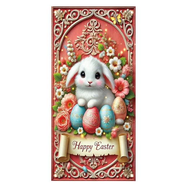 Easter Door Curtain Spring Festival Decoration Holiday Door Cover Wall Hanging Rabbit Egg Design Party Background Festive Banner with Hanging Rope