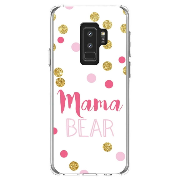 DistinctInk Clear Shockproof Hybrid Case for Samsung Galaxy S9  PLUS (6.2" Screen) - TPU Bumper, Acrylic Back, Tempered Glass Screen Protector - Pink White Gold "Mama Bear"