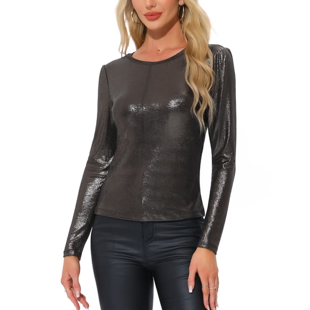 BLUSA BRILLANTE PARA MUJER INSPIRE CHIC, MANGA LARGA, CUELLO REDONDO, AJUSTE REGULAR, BLUSA DE NOCHE BRILLANTE XS Plata Oscura