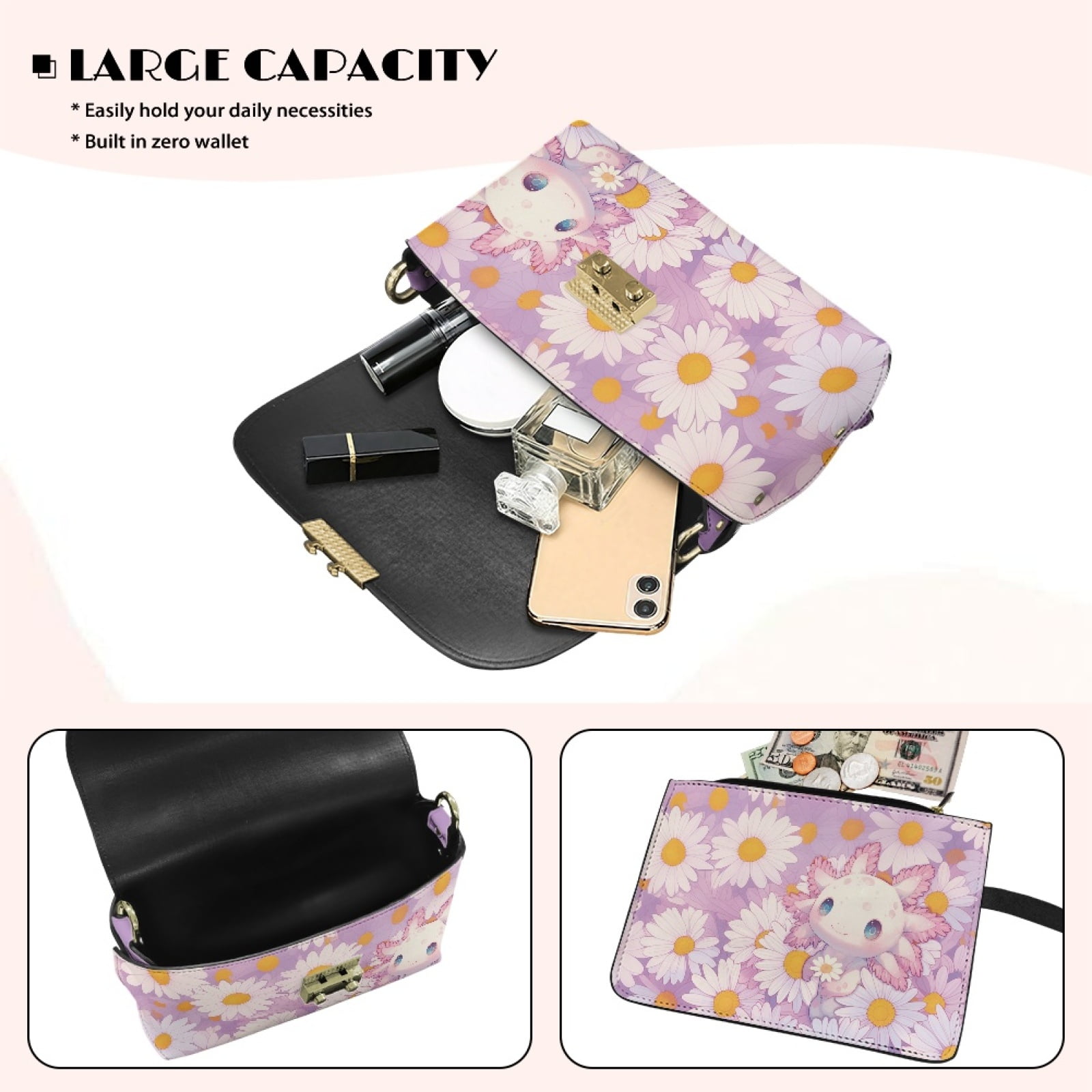 SCRAWLGOD Axolotl Daisy Print Violet Small Crossbody Bag Women's Crossbody Purse PU Leather Crossover Shoulder Bag Cross Body Handbags with Small Shoulder Purses