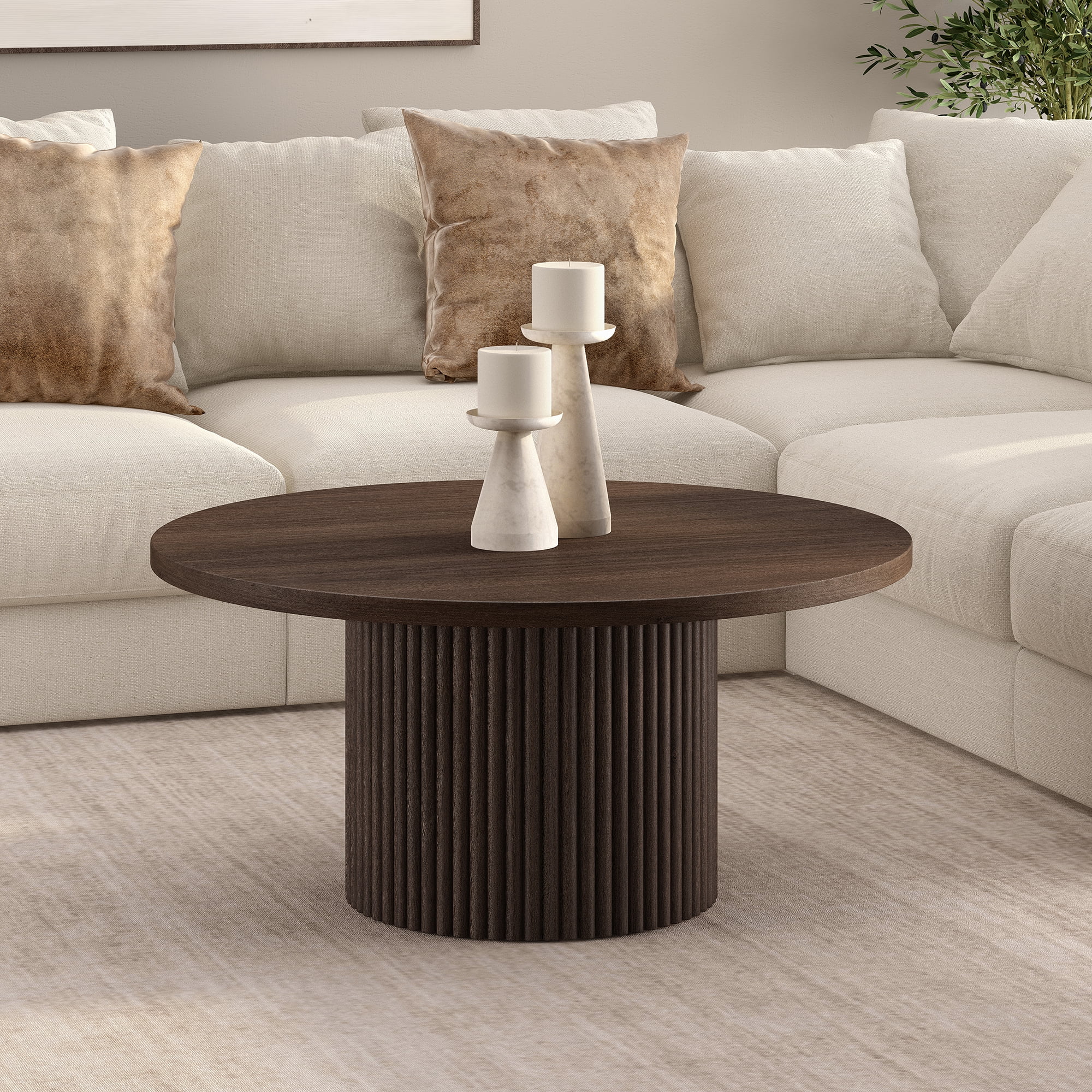 Rollan 32" Wide Round Fluted Coffee Table in Brown Oak