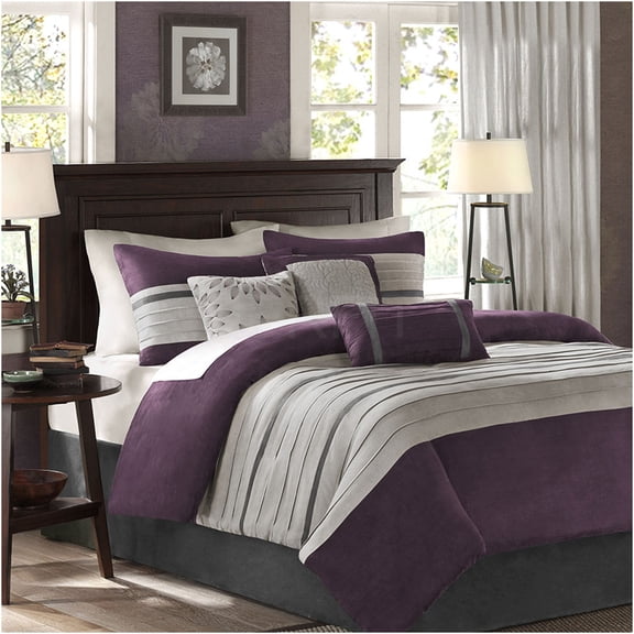 JERFIT King Size 7-Piece Purple Comforter Set - Microsuede Bedding Ensemble with Embroidered Pillows & Bed Skirt