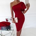 thumbnail image 2 of Womens One Shoulder Bodycon Dress Ruffle Short Sleeve Ruched Party Dress Sexy Elegant Evening Cocktail Midi Dress, 2 of 7
