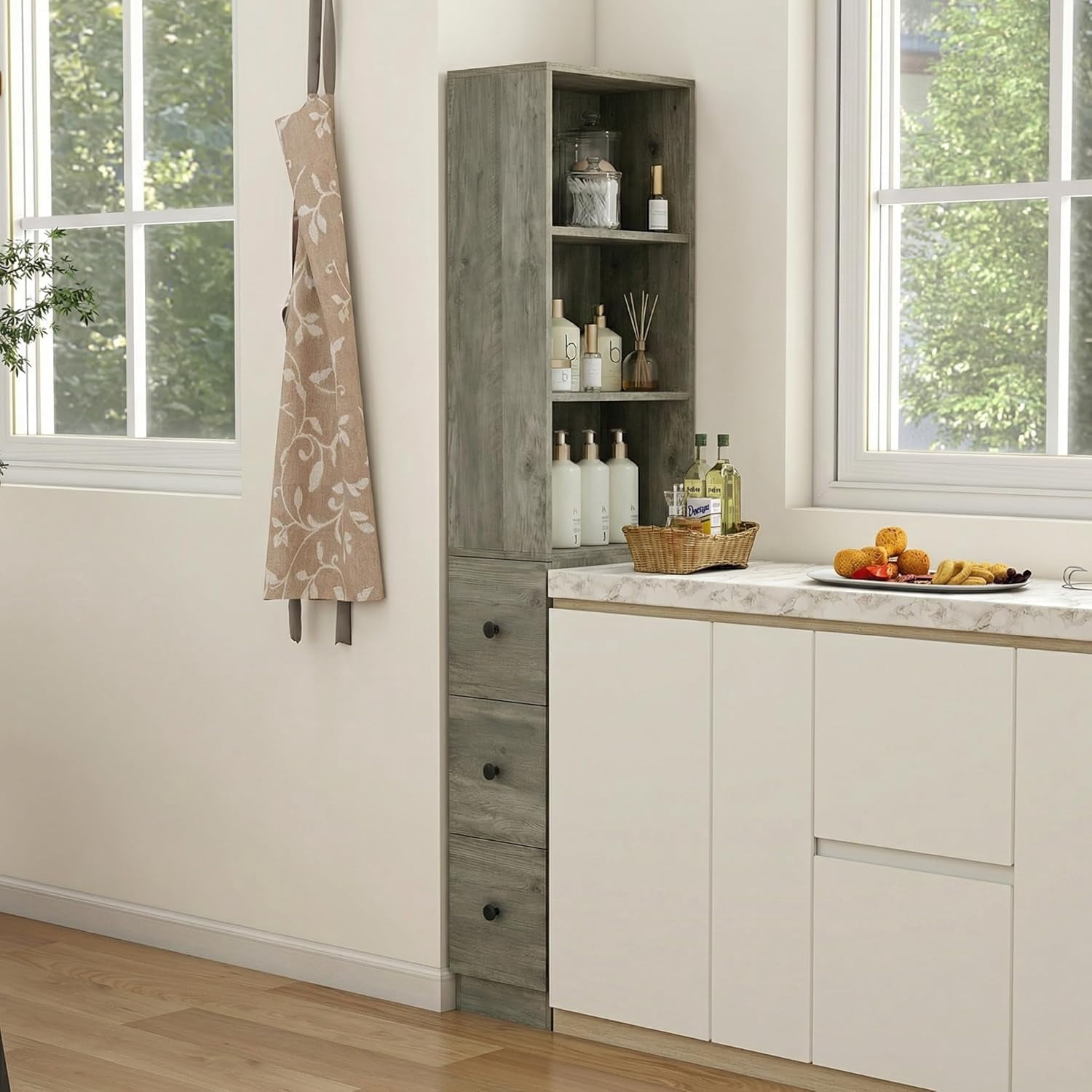 Storage Cabinet Tall Narrow Bathroom Organizer with 3-Level Adjustable Shelves Slim Free Standing Space Saver for Living Room Kitchen, Gray