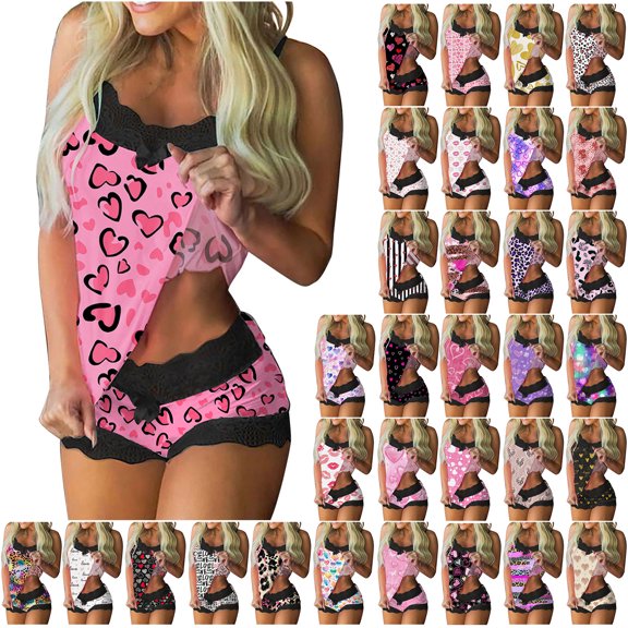 Valentine's Day Pajamas Set Women qolati Love Heart Print Camisole 2 Piece Pjs Sets Comfy Cami Shorts Sets Sleepwear Lounge Sets