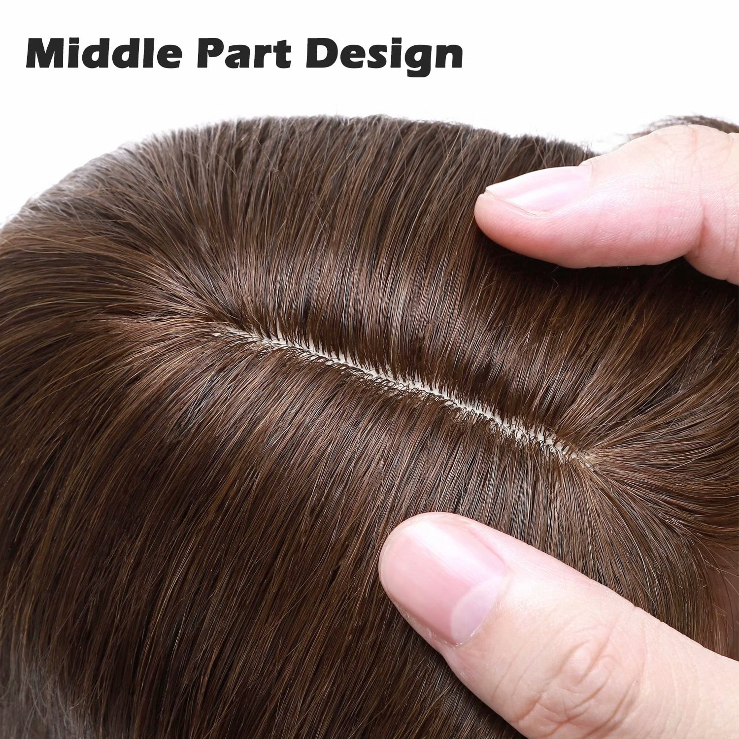 Benehair 100% Real Remy Human Hair Extensions Silk Base Clip In Topper Toupee Hairpiece With Bangs for Women Hair Loss Brown