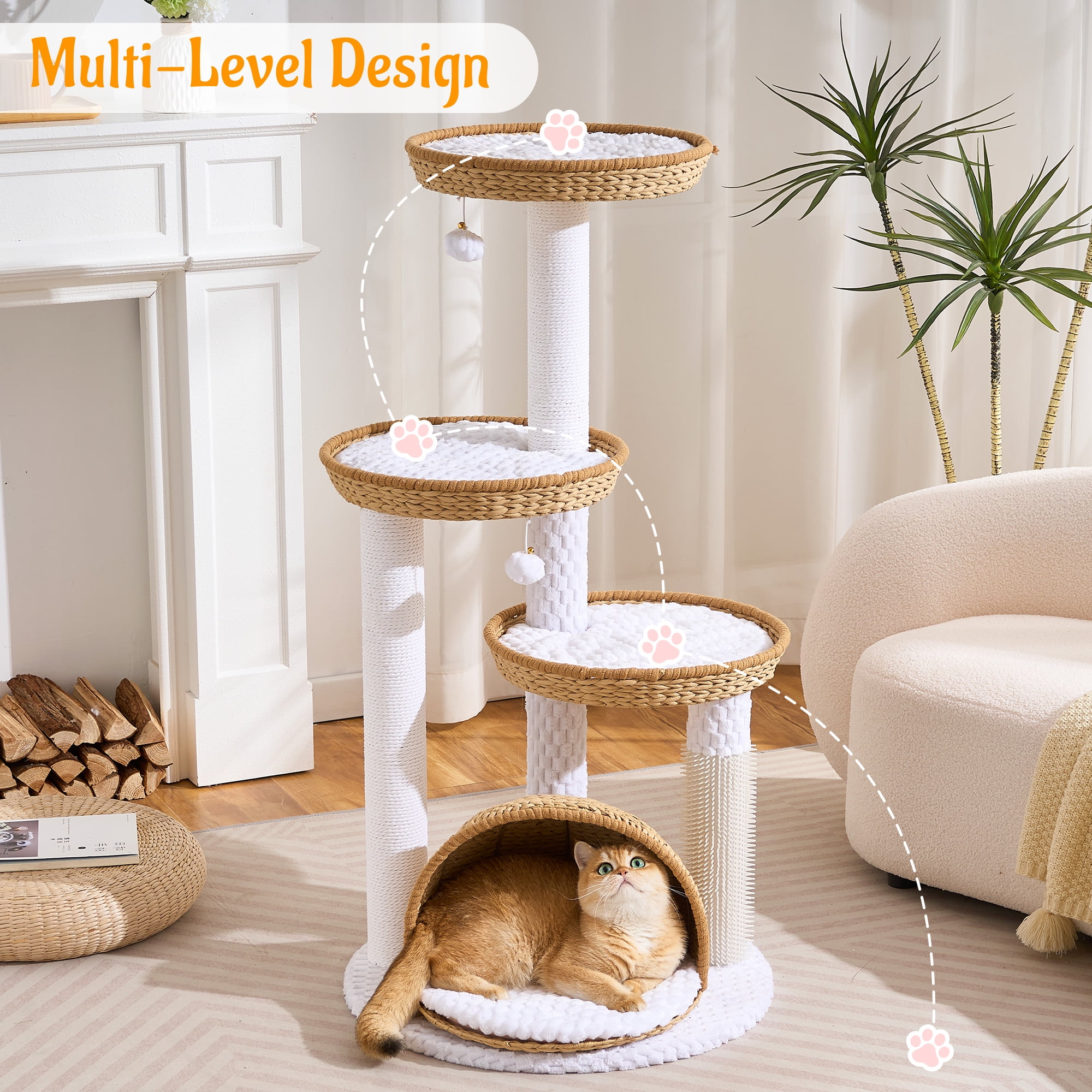 HITTITE Modern Cat Tree Tower with Scratching Post, 46 Inches Tall Cat Towers with Woven Cat Nests and Cave, Removable Cushions and Massage Brush for Indoor Cats Large Adult.
