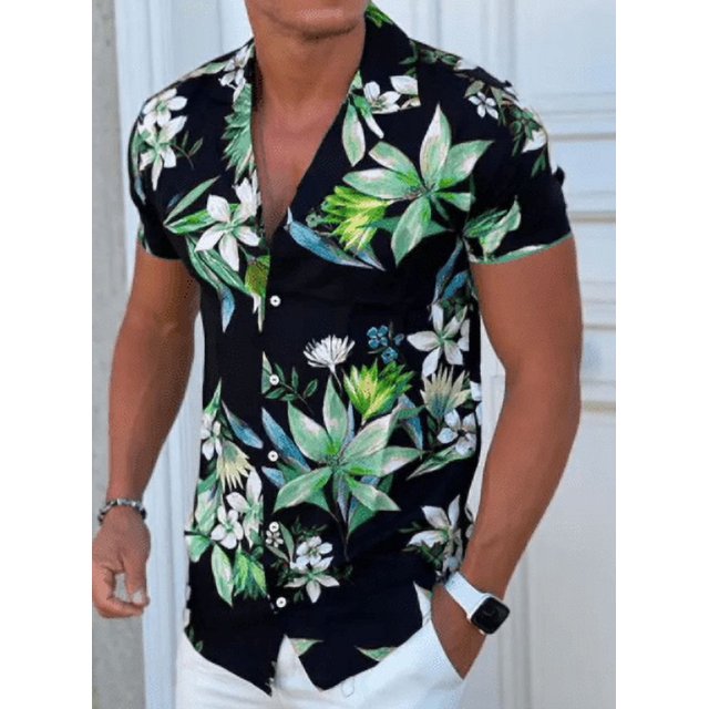 Men's Summer Flower Button Street 3D Print Hawaiian Beach Breathable Short sleeved Shirt