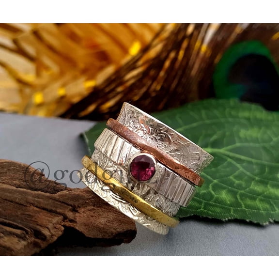 925 Sterling Silver Trendy Ring, Garnet Gemstone Ring, Wide Band ring, Garnet Spinner Ring, Antique Silver Ring Thumb Mother's Ring, Ring