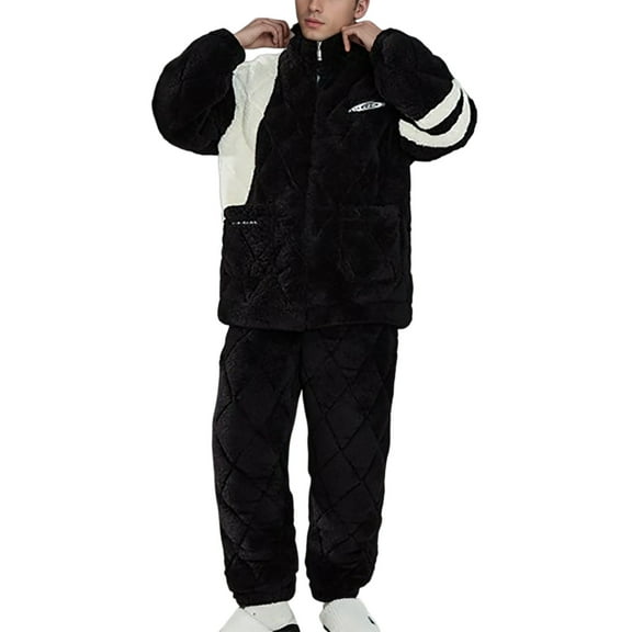CONZONE Mens Pajama Sets 2 Peice Pajamas for Men Patchwork Color Warm Thick Long Sleeve Pjs Tops Pants Plus Size Thermal Fall Winter Homewear Loungewewar